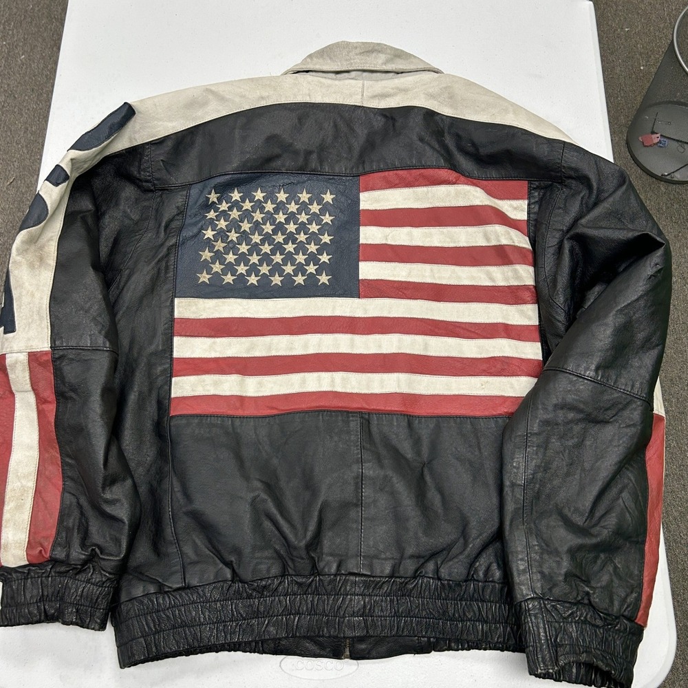 Unbranded USA Leather Bomber Jacket Mens XL Black Red White Vintage Patriotic